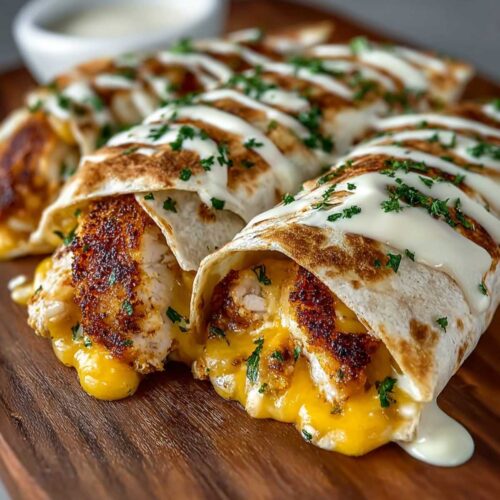 Cheesy Garlic Chicken Wraps with golden grilled tortillas, melted cheddar, and creamy garlic sauce drizzled on top with fresh herbs.