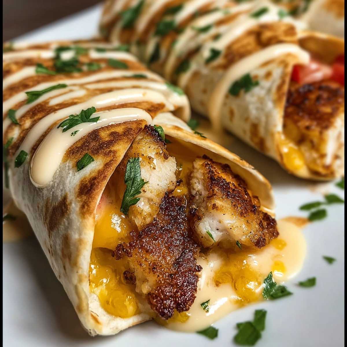 Easy Cheesy Garlic Chicken Wraps 12 Close-up of Cheesy Garlic Chicken Wraps showing golden grilled chicken, melted cheddar, and creamy garlic drizzle topped with fresh parsley.