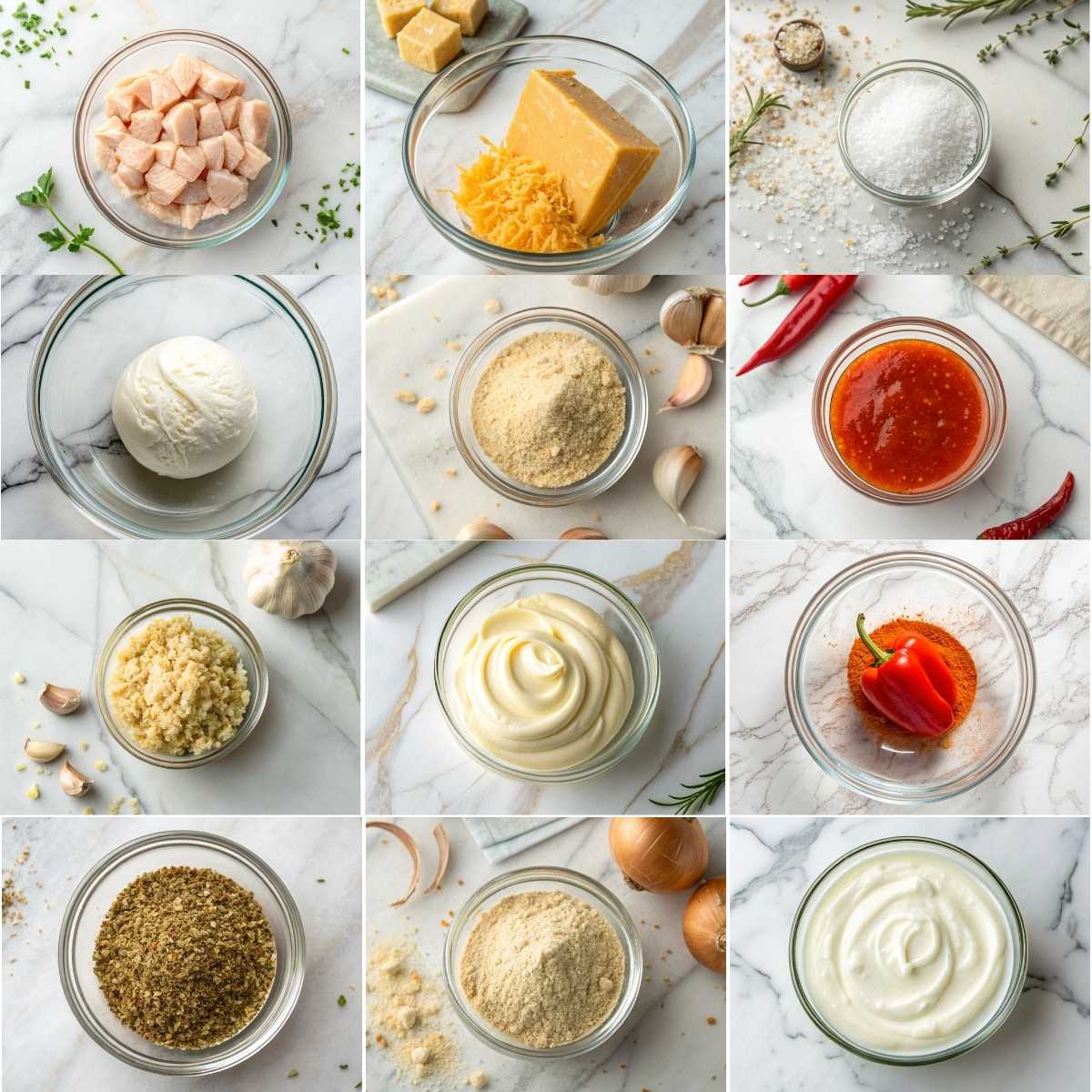 Easy Cheesy Garlic Chicken Wraps 10 Fresh ingredients for Cheesy Garlic Chicken Wraps including shredded chicken, mozzarella, cheddar, and garlic on marble surface.