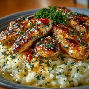 Easy Chicken Scampi with Parmesan Rice 11 Easy Chicken Scampi with Parmesan Rice on a modern dark plate, showcasing its juicy chicken tenders over creamy parmesan rice.