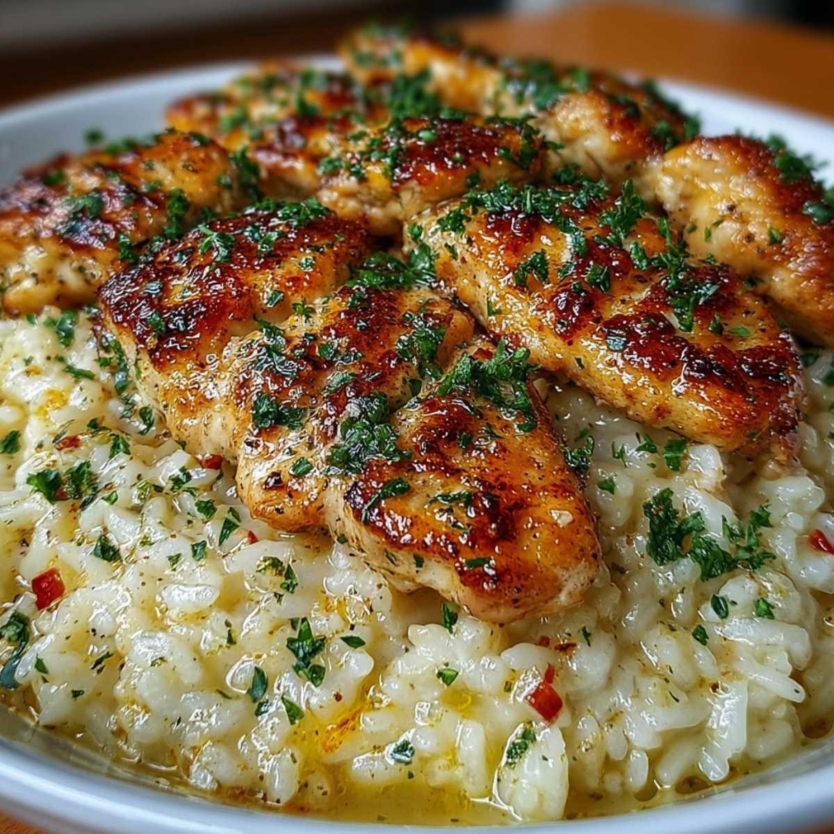 Easy Chicken Scampi with Parmesan Rice 10 Close-up of Chicken Scampi with Parmesan Rice showing golden-brown chicken tenders and creamy garlic rice, garnished with parsley on a white plate.