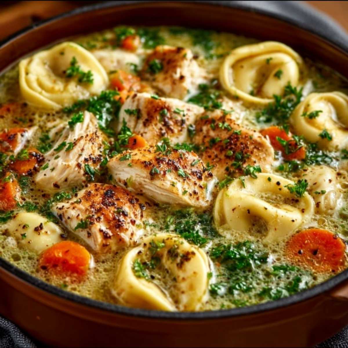 Chicken Tortellini Soup in a white bowl on a modern marble countertop, showcasing its cheesy pasta and shredded chicken with fresh parsley.