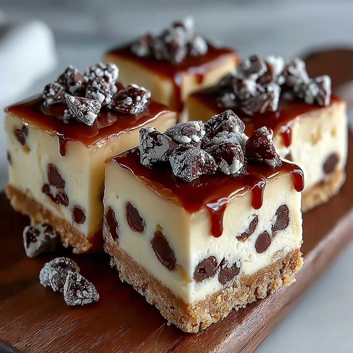 Easy Millionaires Cheesecake Bars 10 millionaires cheesecake bars on a wooden board, showcasing a graham cracker crust, a creamy filling with chocolate chips, and a caramel drizzle topping.