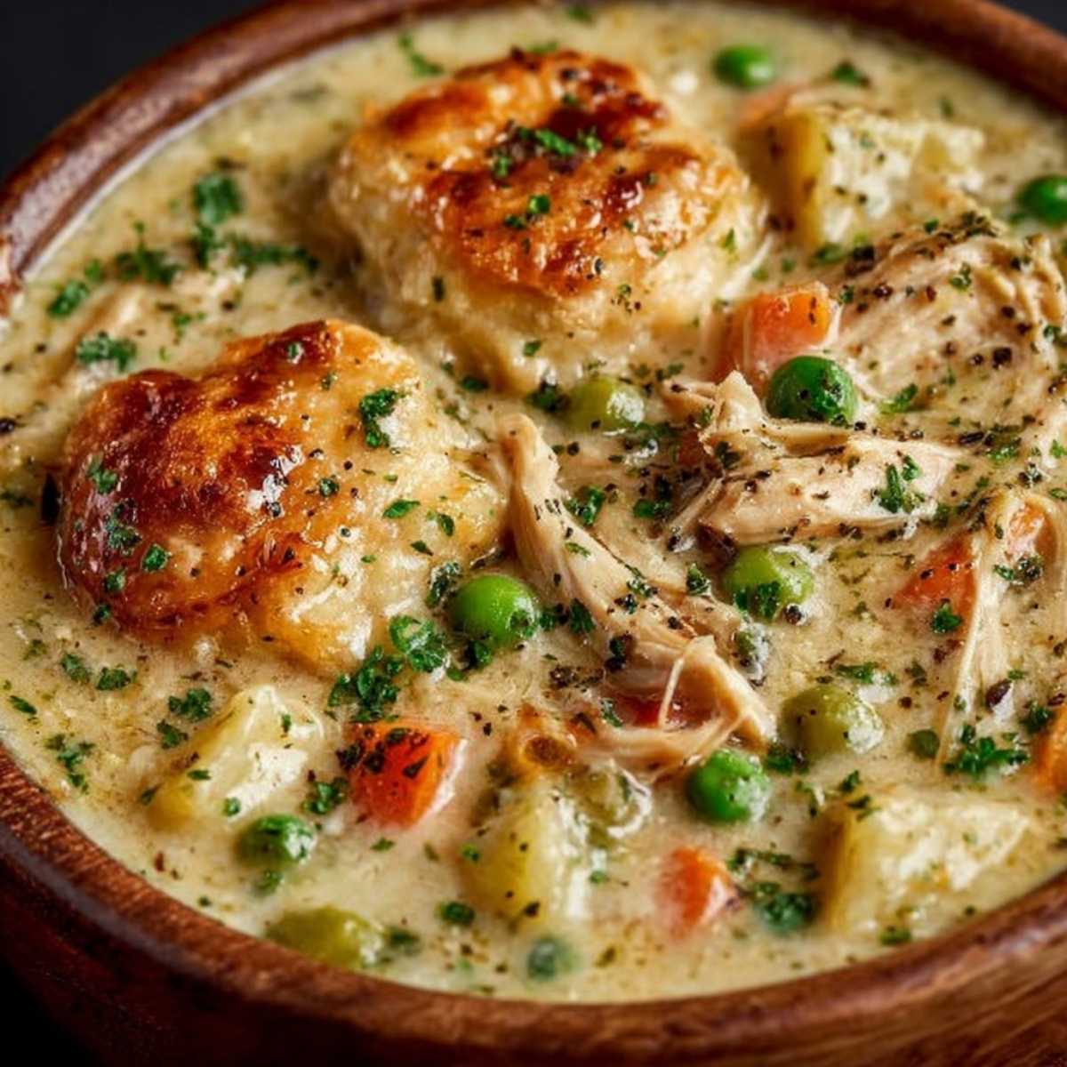 Close-up of creamy Chicken Pot Pie Soup served in a wooden bowl, topped with golden baked biscuits, fresh parsley, and black pepper