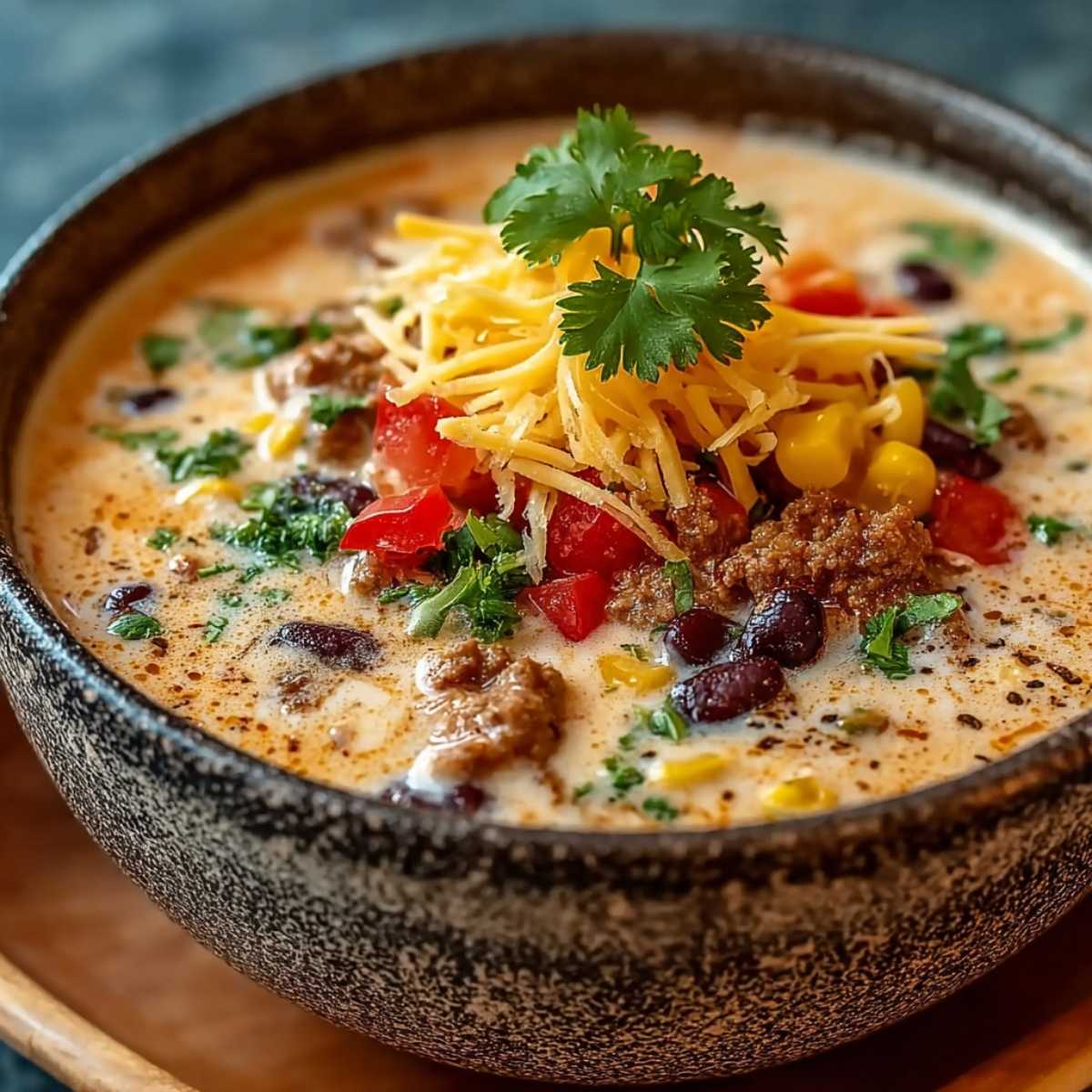 Creamy Cowboy Soup served in a rustic dark bowl, loaded with ground beef, black beans, and corn, topped with shredded cheddar cheese and fresh cilantro.