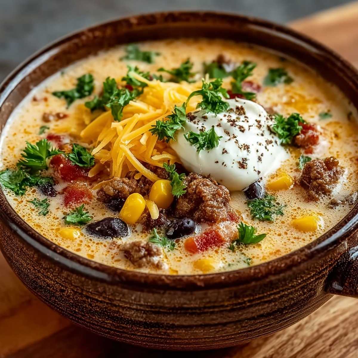 Creamy Cowboy Soup served in a rustic brown bowl, topped with shredded cheddar cheese, a dollop of sour cream, chopped parsley, and ground beef