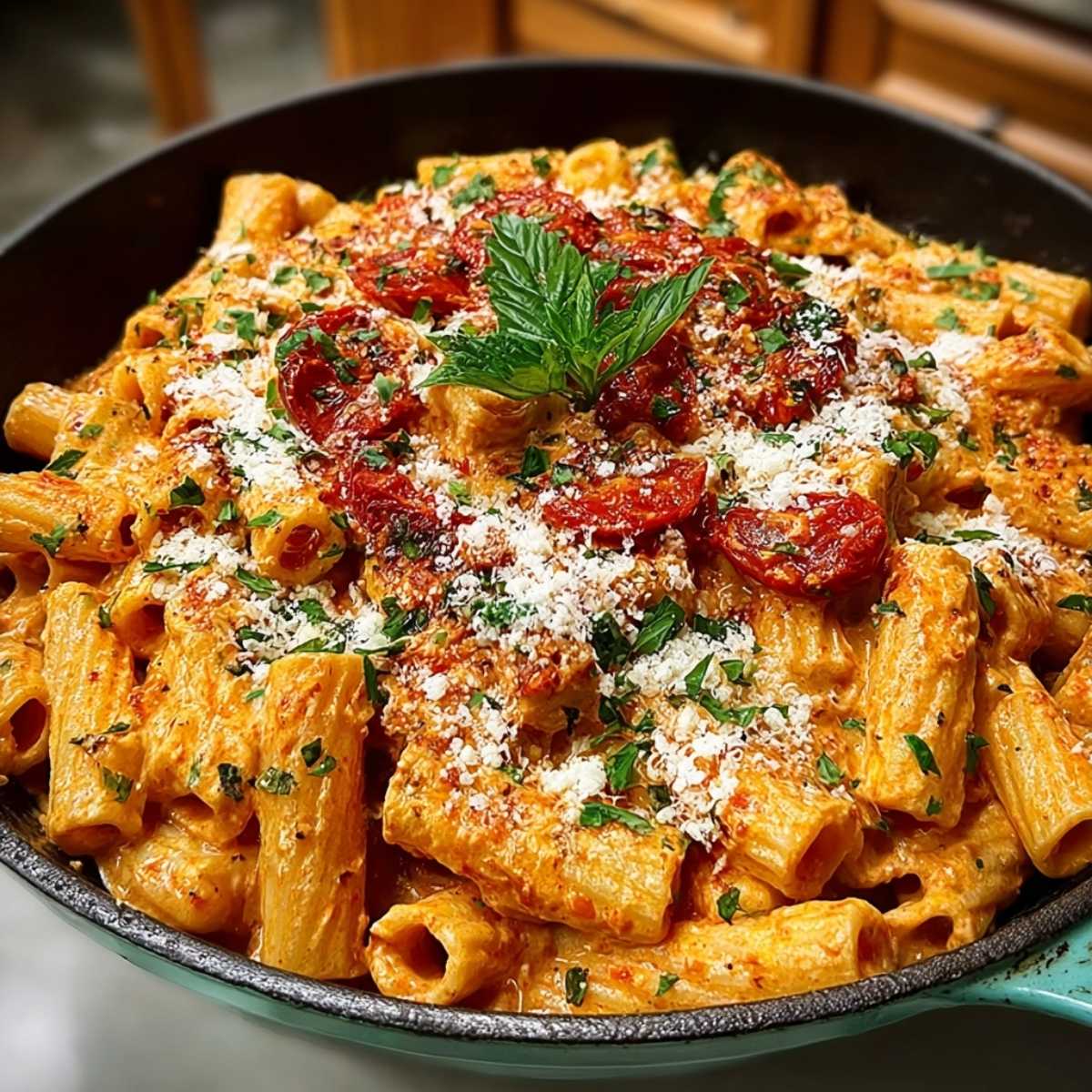 Easy Creamy Tomato Pasta 9 Creamy Tomato Pasta on a modern marble countertop, showcasing its rich, velvety tomato cream sauce with blistered cherry tomatoes and basil garnish.