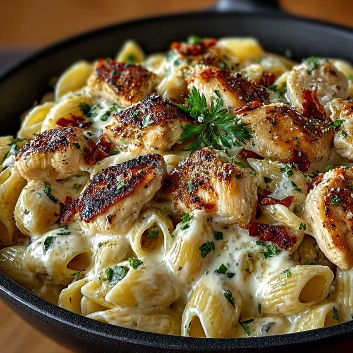 Easy Creamy White Cheddar Chicken Pasta 12 Close-up of Creamy White Cheddar Chicken Pasta showing creamy sauce and golden seared chicken, garnished with parsley in a black skillet.