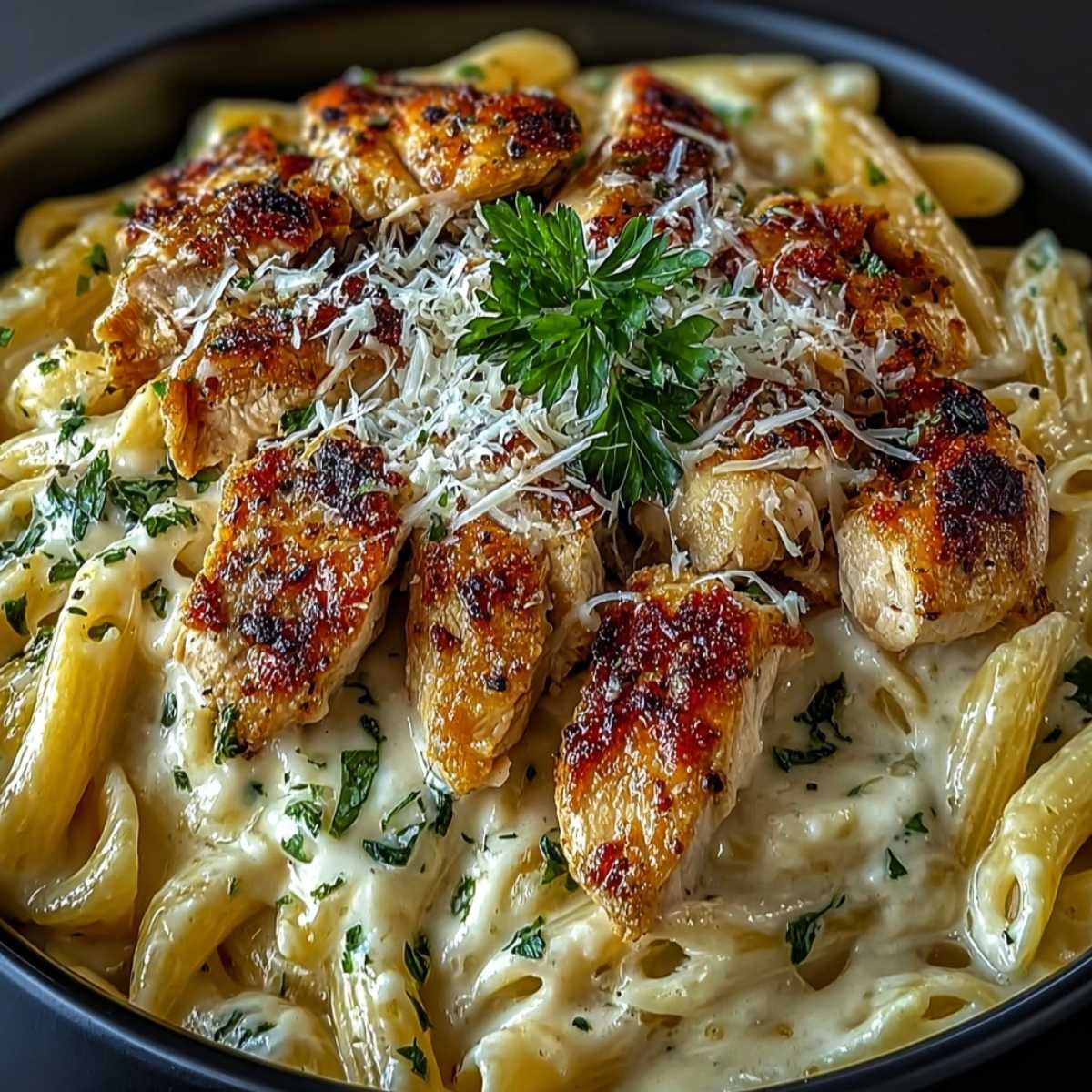 Easy Creamy White Cheddar Chicken Pasta 9 Creamy White Cheddar Chicken Pasta on a dark plate, showcasing golden seared chicken over rich white cheddar sauce with parsley garnish.