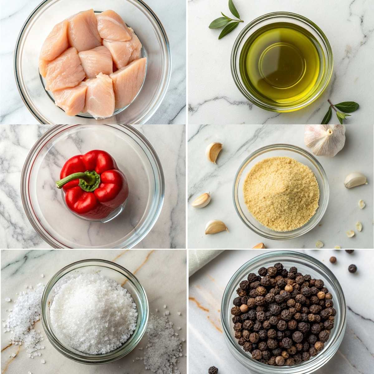 Easy Creamy White Cheddar Chicken Pasta 10 Fresh ingredients for Creamy White Cheddar Chicken Pasta including chicken breasts, olive oil, paprika, garlic, salt, and pepper.