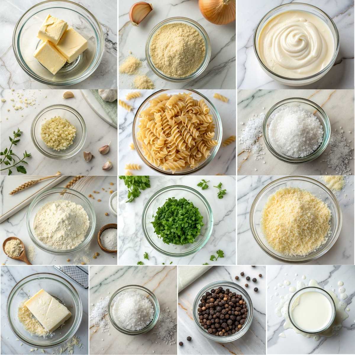 Easy Creamy White Cheddar Chicken Pasta 11 Ingredients for Creamy White Cheddar Chicken Pasta including rotini, butter, white cheddar, garlic, milk, cream, parsley, and seasonings.