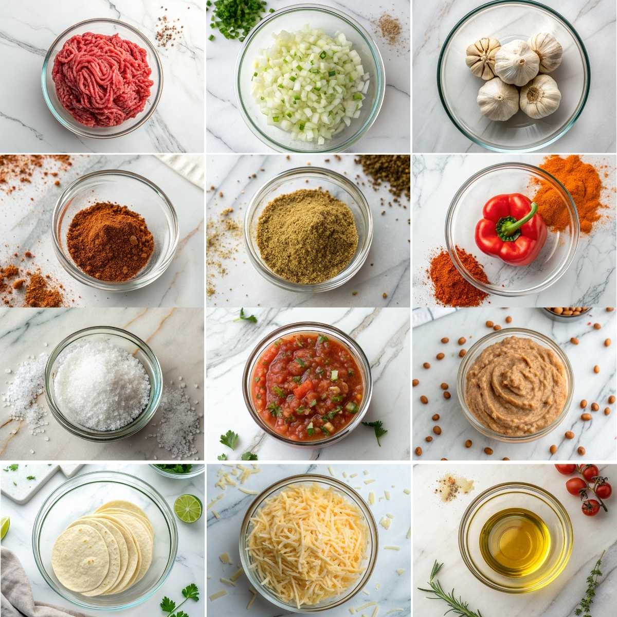 Easy Crispy Beef and Cheese Chimichangas 10 Fresh ingredients for Crispy Beef and Cheese Chimichangas including ground beef, spices, chopped onion, salsa, and shredded cheese in clear bowls.