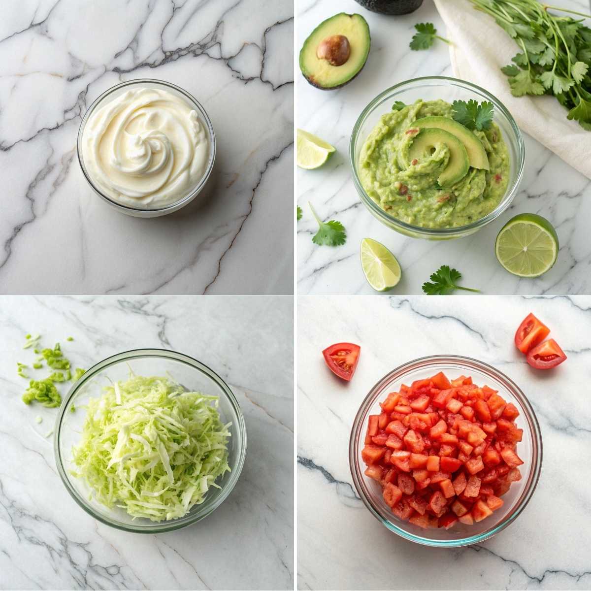 Easy Crispy Beef and Cheese Chimichangas 11 Fresh toppings for Crispy Beef and Cheese Chimichangas including sour cream, guacamole, shredded lettuce, and diced tomatoes on a marble surface.