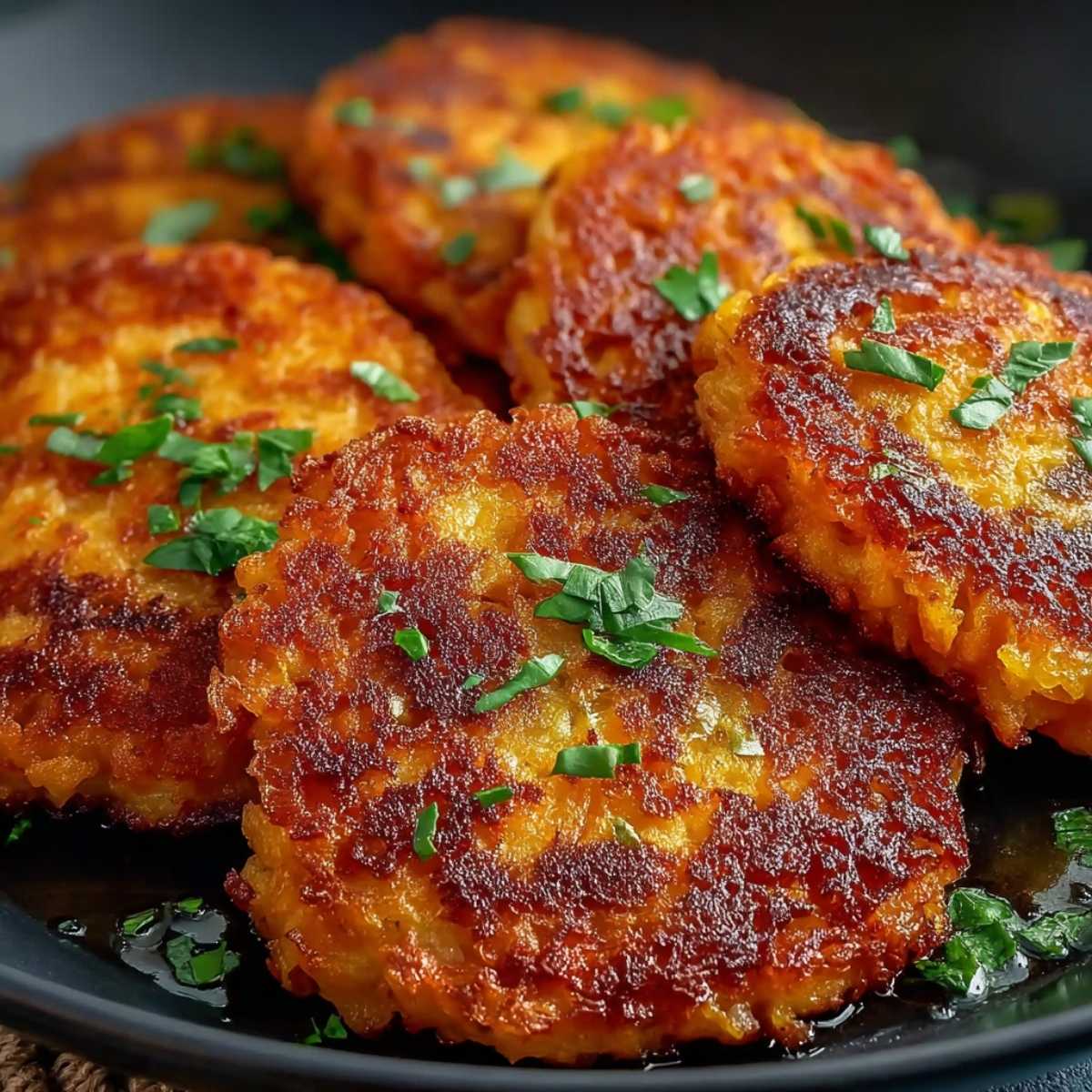 Stack of five golden-fried sweet potato hash browns garnished with fresh parsley on a light blue ceramic plate