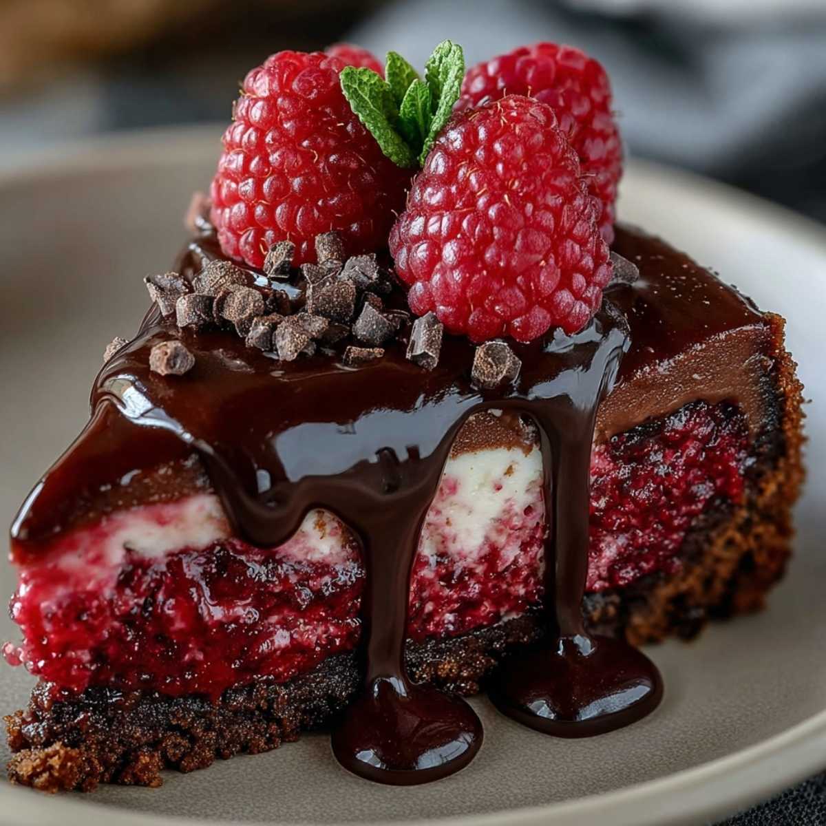 Easy Dark Chocolate Raspberry Cheesecake 10 A close-up of the final Dark Chocolate Raspberry Cheesecake slice, highlighting the creamy filling, raspberry swirls, and glossy ganache with raspberry and mint garnish.