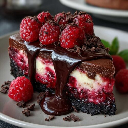 Easy Dark Chocolate Raspberry Cheesecake 7 A close-up slice of Dark Chocolate Raspberry Cheesecake on a plate, showcasing its rich ganache drip, raspberry swirl filling, and Oreo crust.