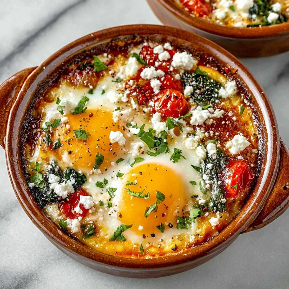 Easy Baked Feta Eggs served in a brown ceramic dish, topped with fresh herbs, chili flakes, and roasted cherry tomatoes