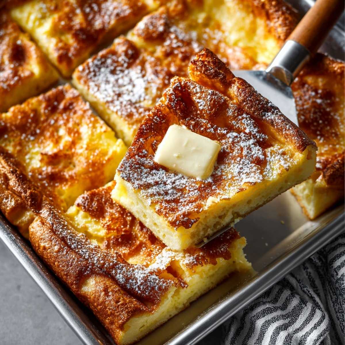 Baked German Pancake in a rectangular metal pan, dusted with powdered sugar, with a spatula lifting a fluffy square slice topped with melting butter.