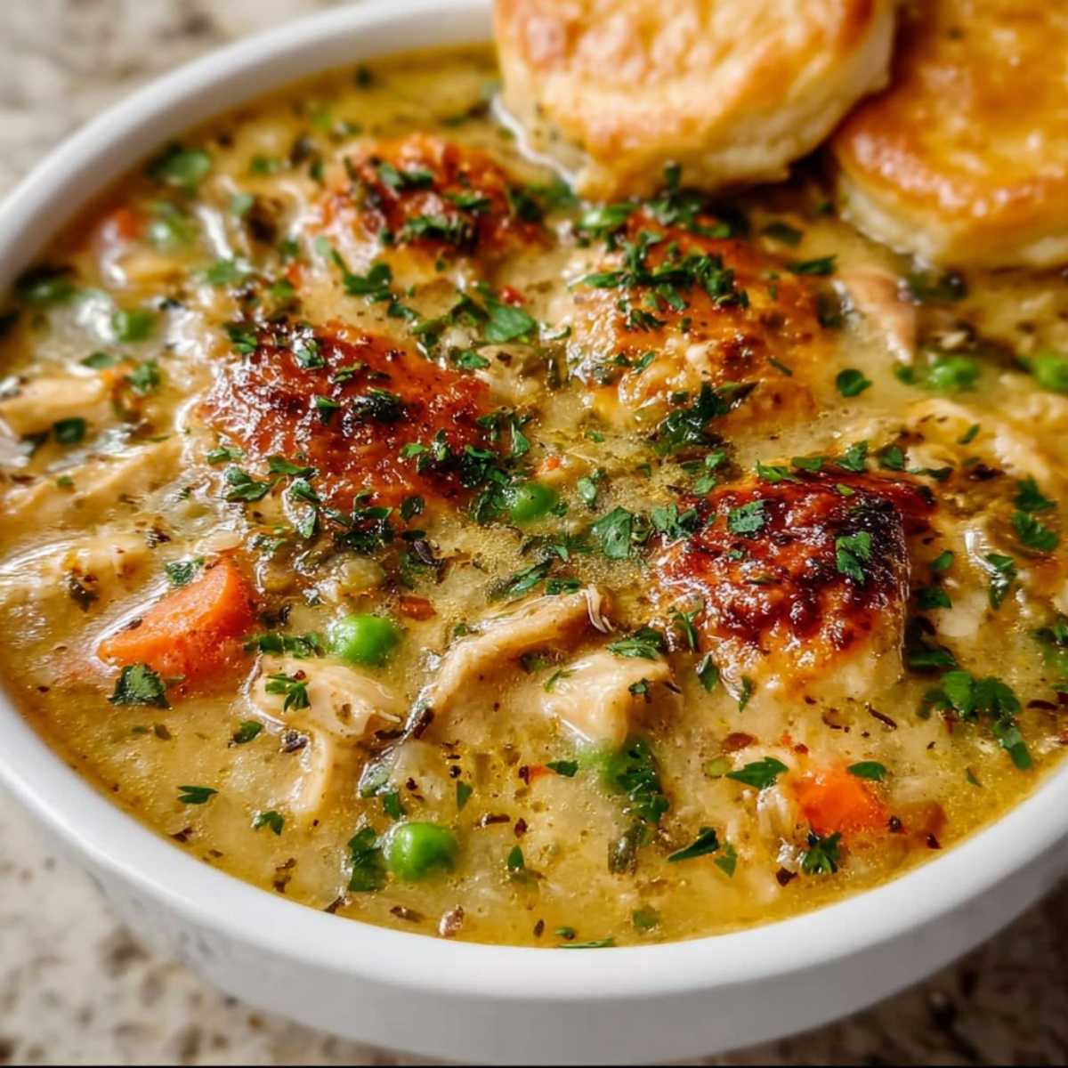 Creamy Chicken Pot Pie Soup served in a white bowl with golden biscuits, carrots, peas, and fresh parsley garnish