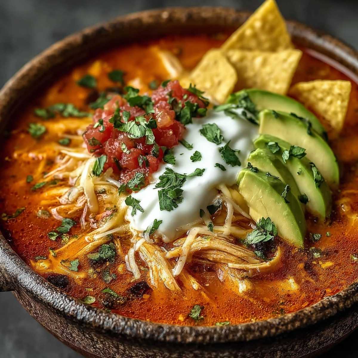 Easy Chicken Tortilla Soup in a rustic bowl, topped generously with avocado, sour cream, cheese, shredded chicken, and tortilla chips