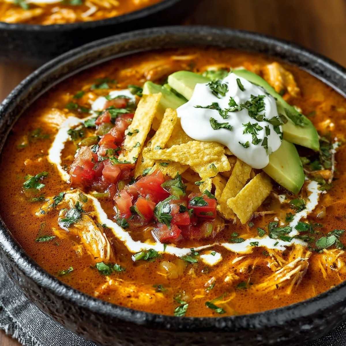 Close-up of Easy Chicken Tortilla Soup garnished with avocado slices, sour cream, pico de gallo, and crispy tortilla strips.