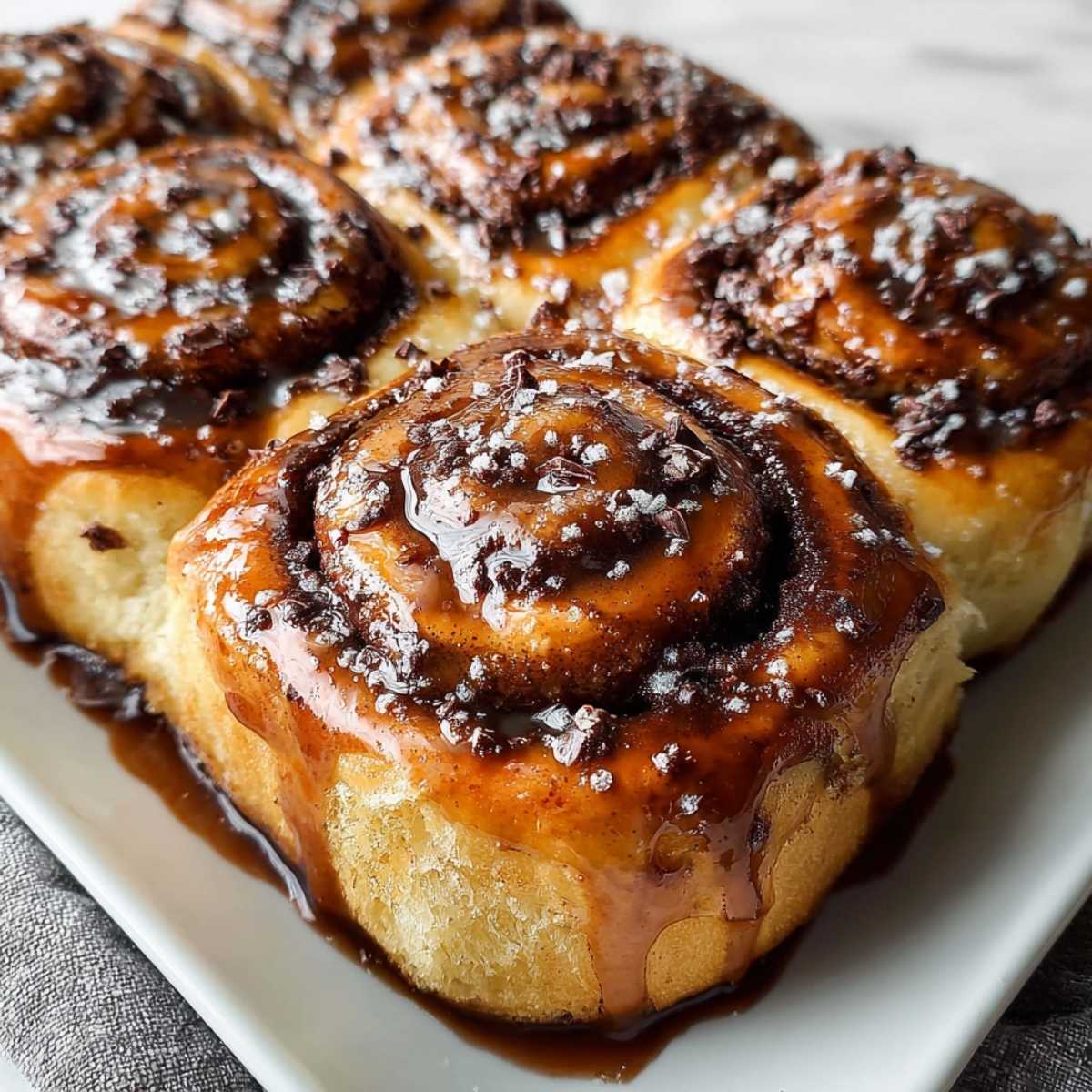 Close-up of baked Easy Chocolate Rolls on a white platter, with glossy dark chocolate glaze dripping down fluffy golden dough, topped with chocolate bits