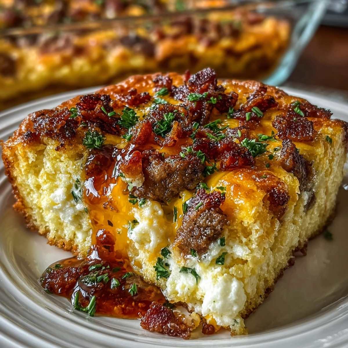 A close-up slice of golden-brown Crack Breakfast Casserole on a white plate, topped with melted cheese, crispy bacon, fresh herbs, and a glistening glaze