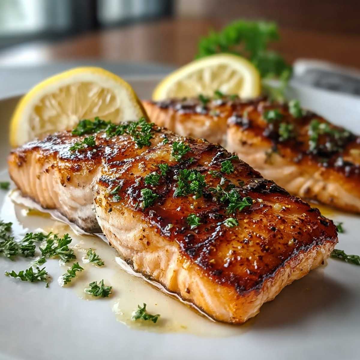 Easy Lemon Grilled Salmon 10 Close-up of Easy Lemon Grilled Salmon showing golden caramelized crust and melted herb butter, garnished with parsley and lemon slices.