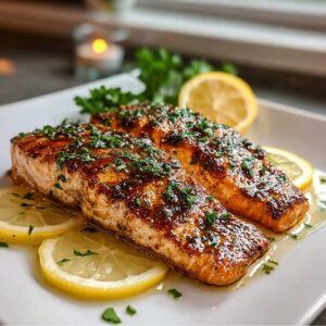 Easy Lemon Grilled Salmon 12 Easy Lemon Grilled Salmon on a modern white plate, showcasing golden grilled crust and melted garlic herb butter over lemon slices.