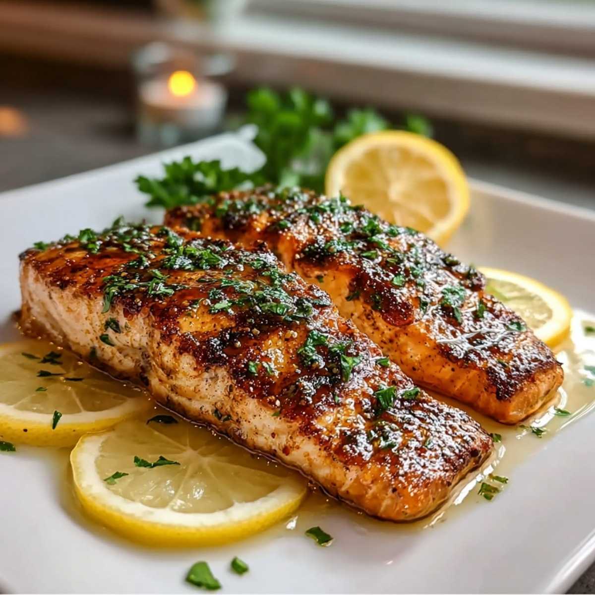 Easy Lemon Grilled Salmon 9 Easy Lemon Grilled Salmon on a modern white plate, showcasing golden grilled crust and melted garlic herb butter over lemon slices.