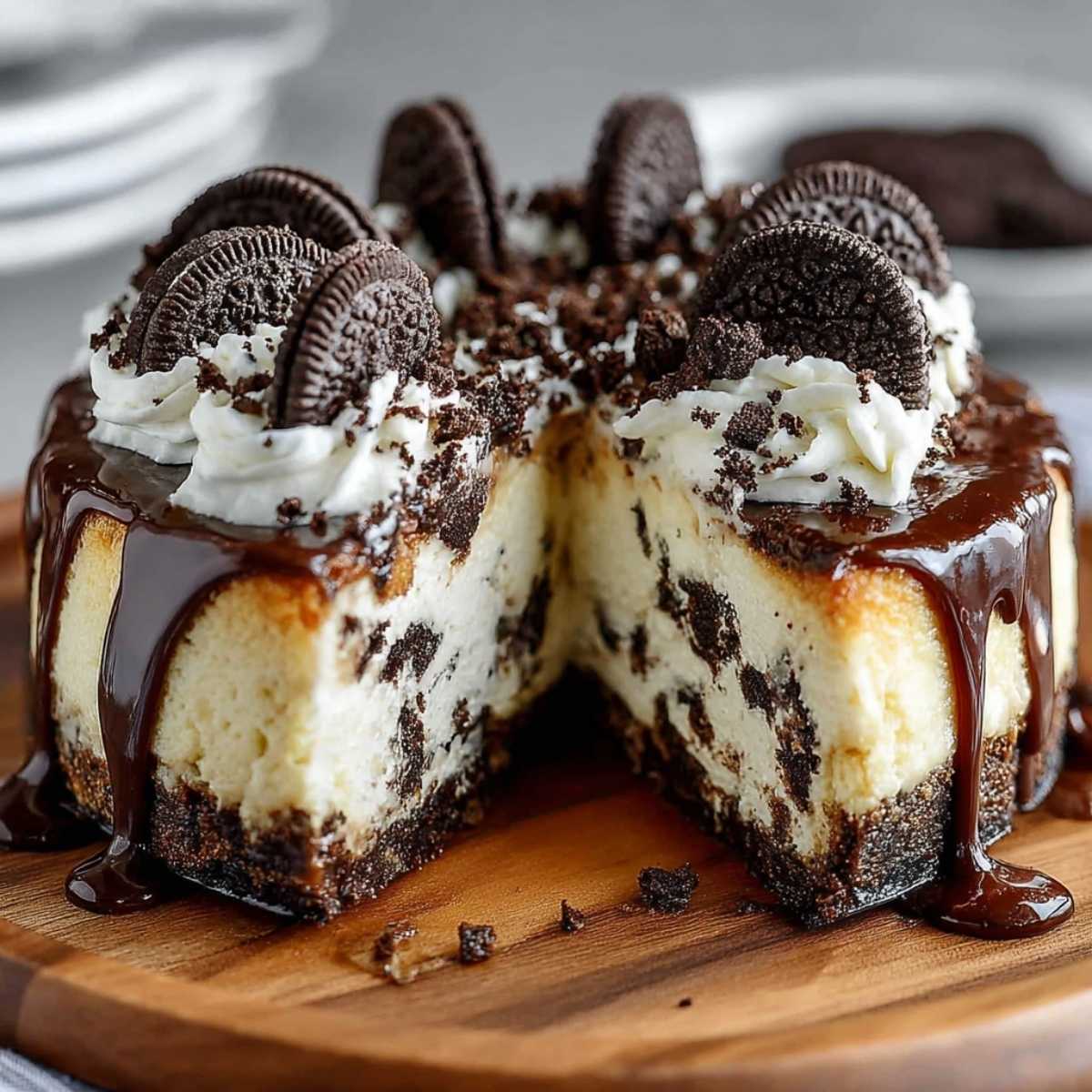 Easy Oreo Cheesecake 10 Close-up of Easy Oreo Cheesecake showing the creamy interior with Oreo chunks and dark ganache topping, garnished with whipped cream on a wooden board.