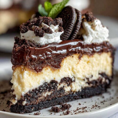 Easy Oreo Cheesecake 5 Easy Oreo Cheesecake on a modern white plate, showcasing its creamy filling, dark Oreo crust, and chocolate ganache topping with cookie pieces.