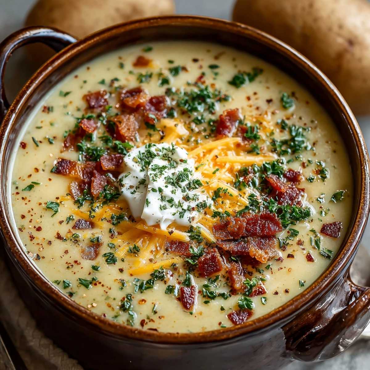 Easy Potato Soup in a bowl on a modern marble countertop, showcasing its thick, rich creaminess with toppings of bacon and cheese