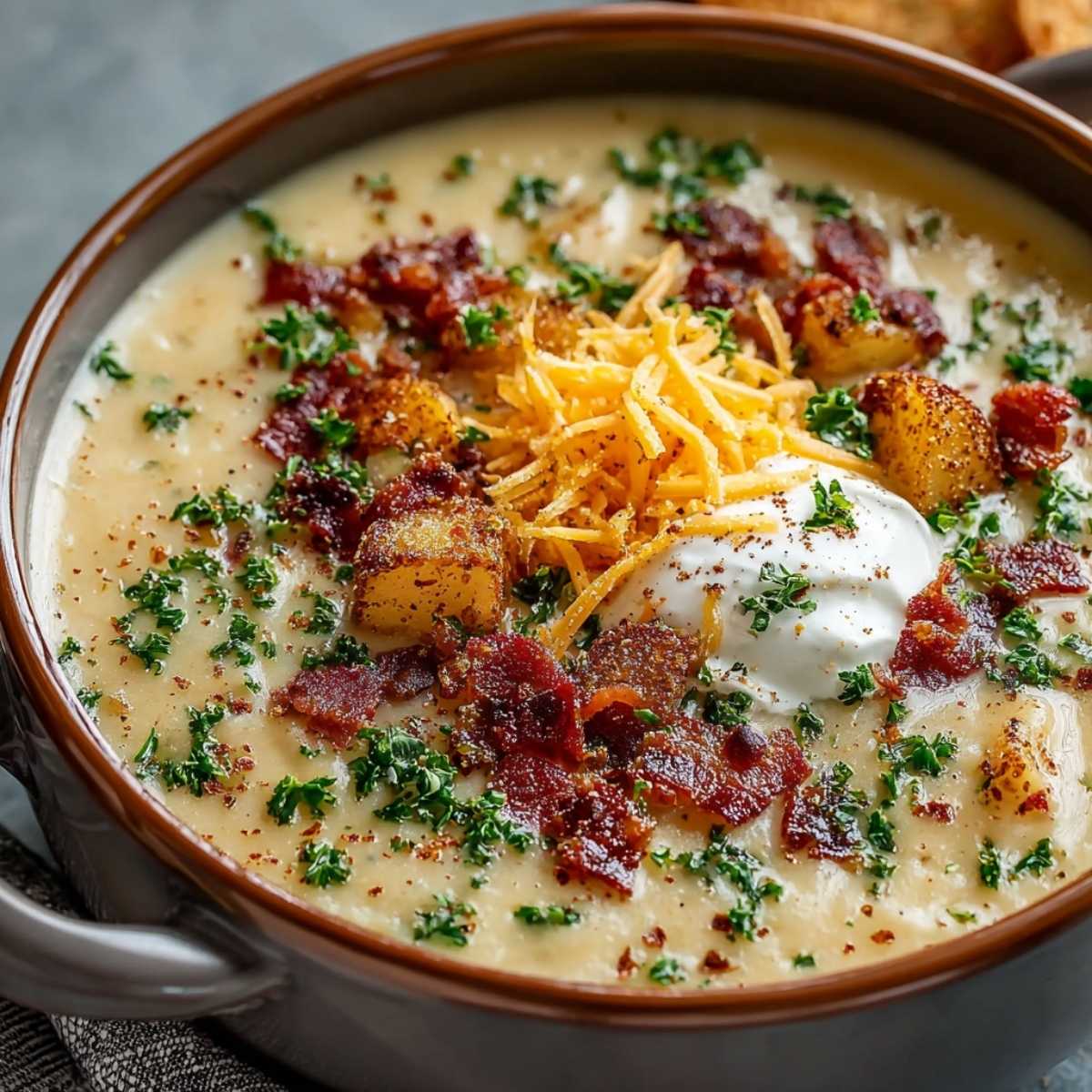 Close-up of Easy Potato Soup in a brown bowl, heavily garnished with sour cream, shredded cheddar cheese, crispy bacon, and fresh herbs