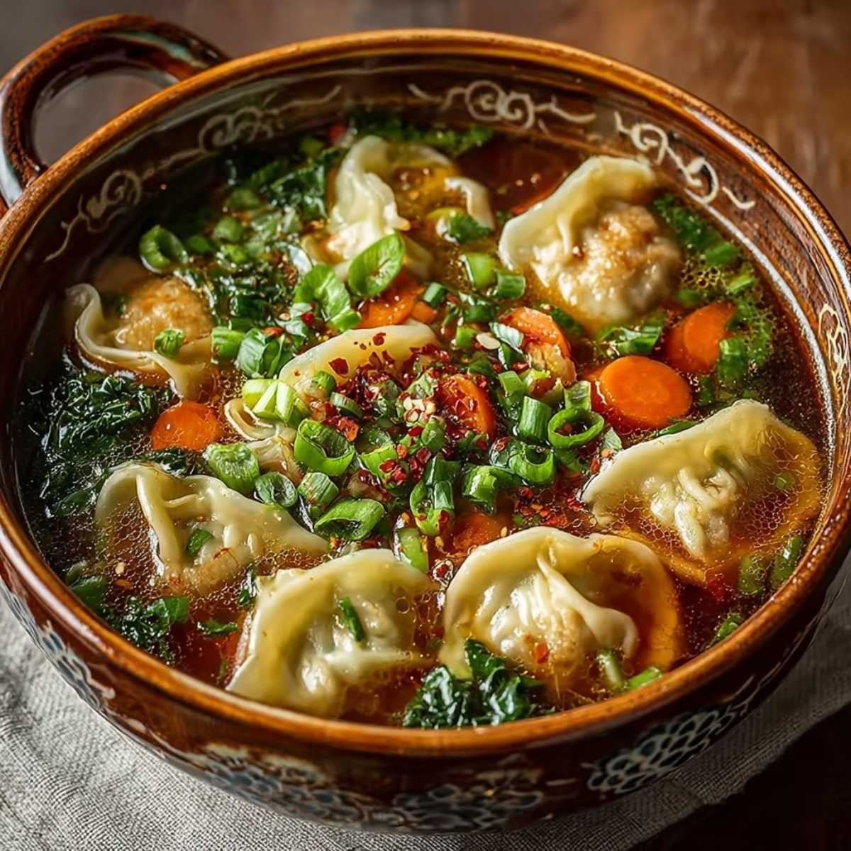 A close-up view of the finished Easy Potsticker Soup served in a rustic brown bowl, loaded with dumplings, carrots, greens, and garnished with chili flakes and scallions