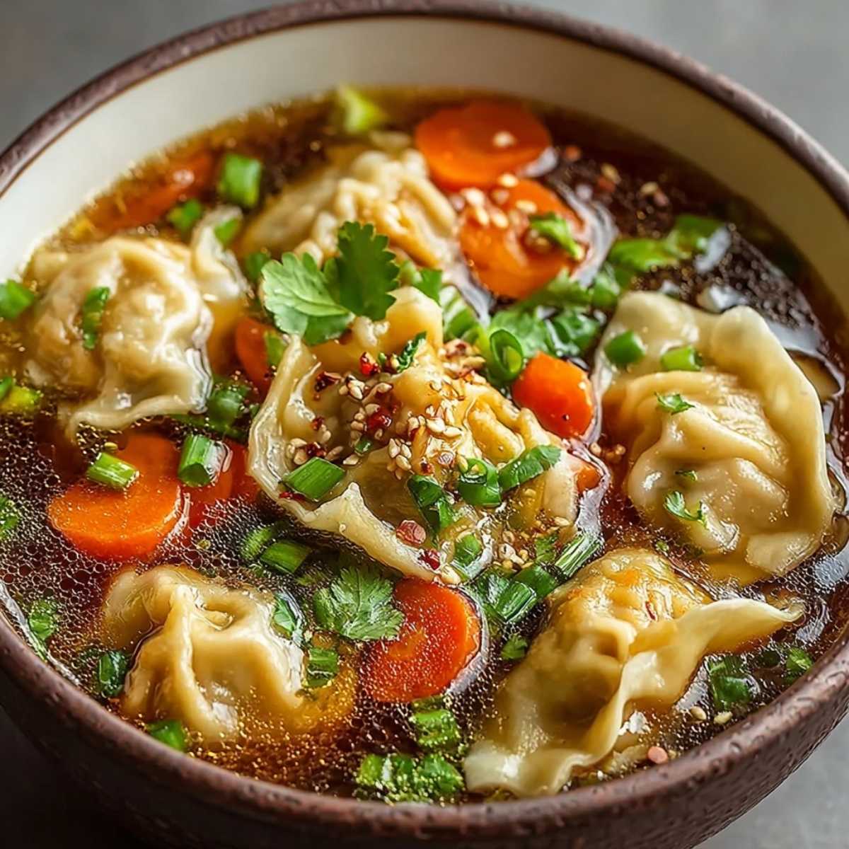 Easy Potsticker Soup in a rustic dark bowl, filled with tender dumplings, sliced carrots, and fresh green onions, topped with toasted sesame seeds and chili oil