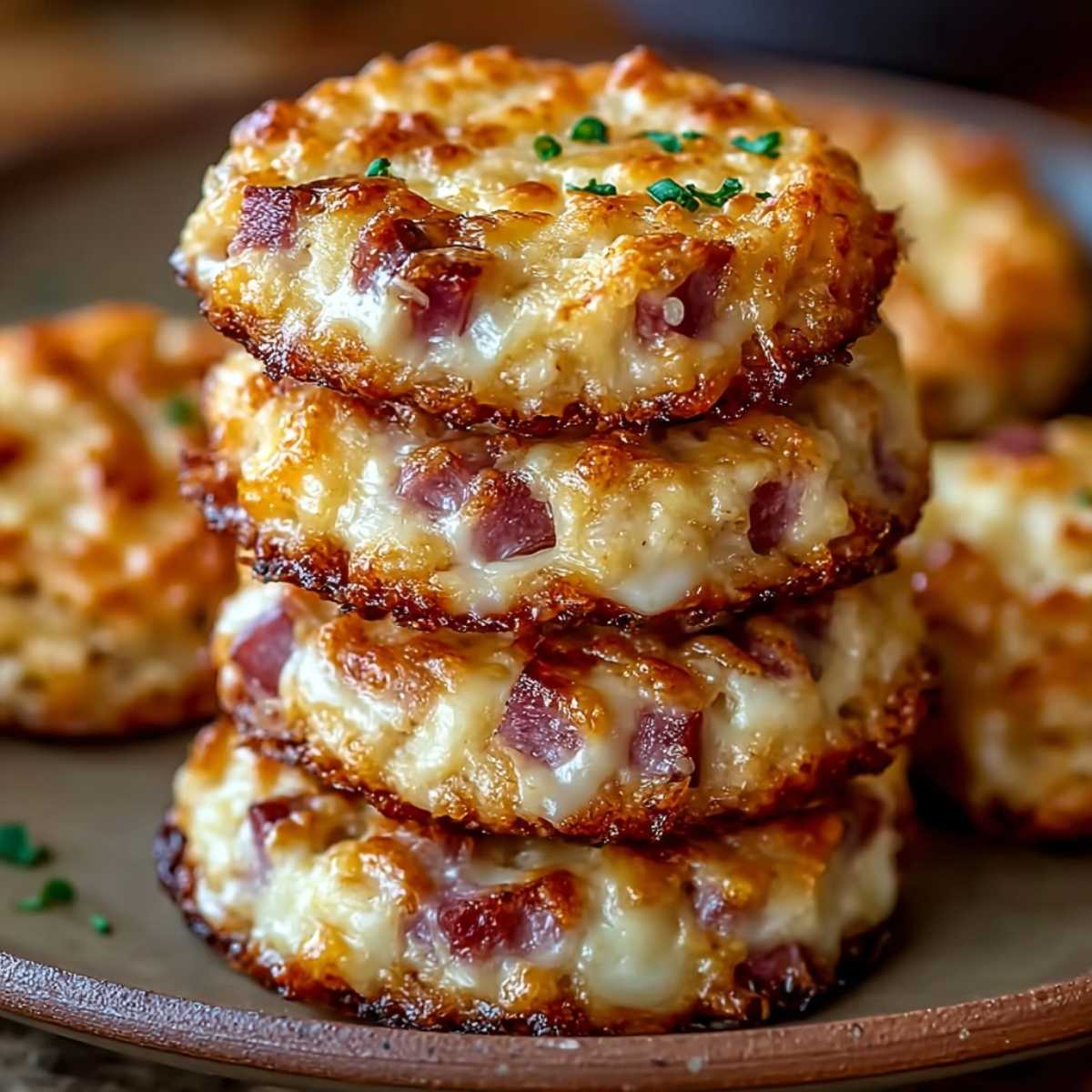 A stack of four Easy Savory Ham and Cheese Cookies on a rustic plate, showing melted cheddar, diced ham, and crispy golden edges topped with chives
