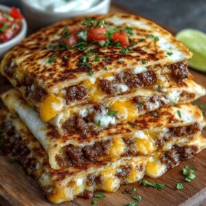 Easy Smashburger Quesadillas 13 Easy Smashburger Quesadillas on a wooden board, showcasing their crispy golden tortilla crust and melted cheesy beef filling.