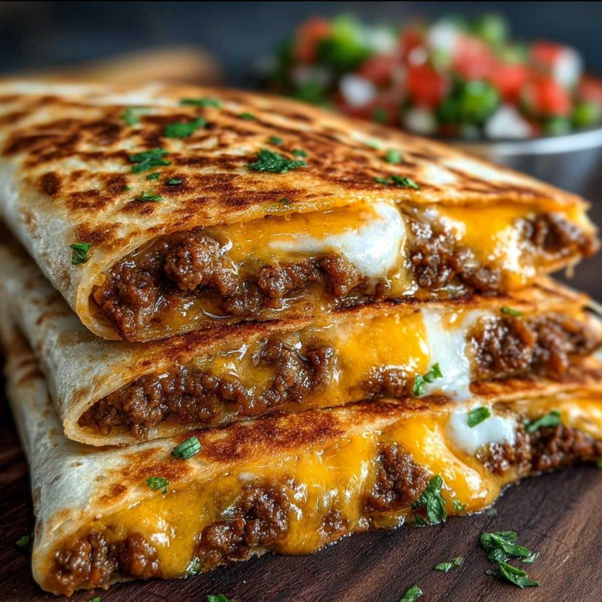 Easy Smashburger Quesadillas 10 Close-up of Easy Smashburger Quesadillas showing melted cheese and browned beef filling, stacked on a wooden board with herbs.