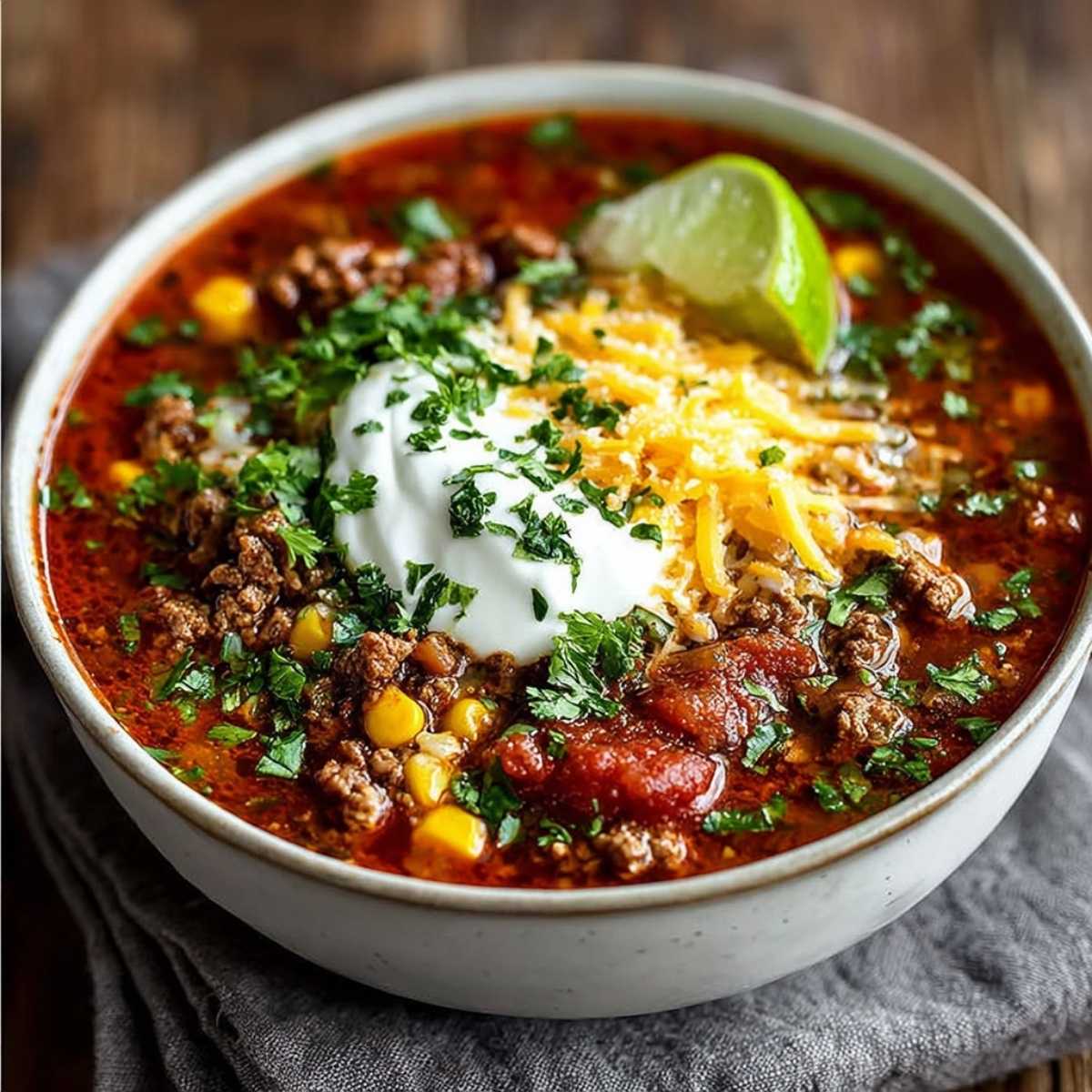 Easy Taco Soup with ground beef, corn, and rich broth, garnished with sour cream, shredded cheese, cilantro, and a lime wedge.
