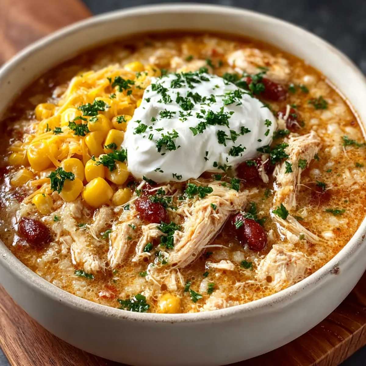 Close-up of easy white chicken chili in a beige bowl, featuring shredded chicken, corn, and beans in a rich broth, topped with sour cream, shredded cheddar cheese, and fresh parsley