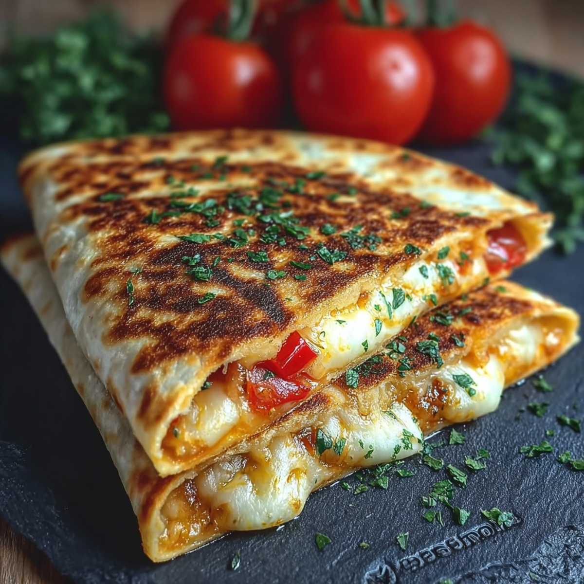 wrap with egg and cheese stacked on a dark slate board, garnished with fresh parsley and showing melted cheese and red pepper filling