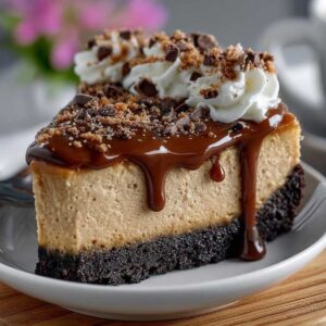 Easy Espresso Coffee Cheesecake 14 Espresso Coffee Cheesecake on a modern marble countertop, showcasing its rich, creamy filling with espresso powder and chocolate crust.