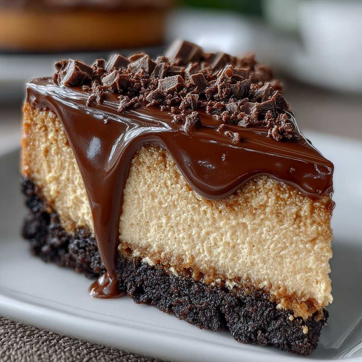 Easy Espresso Coffee Cheesecake 11 Close-up of a slice of Espresso Coffee Cheesecake showing creamy texture and dark Oreo crust, garnished with rich chocolate ganache.