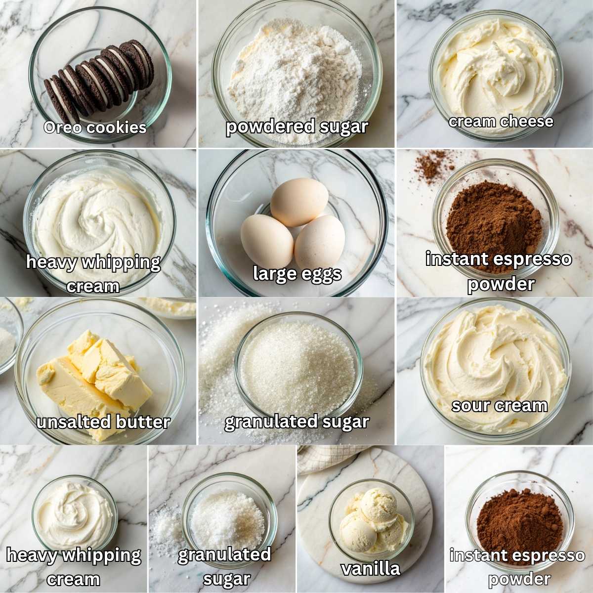 Easy Espresso Coffee Cheesecake 10 Fresh ingredients for Espresso Coffee Cheesecake including cream cheese, espresso powder, and Oreo cookies arranged on a modern marble surface.