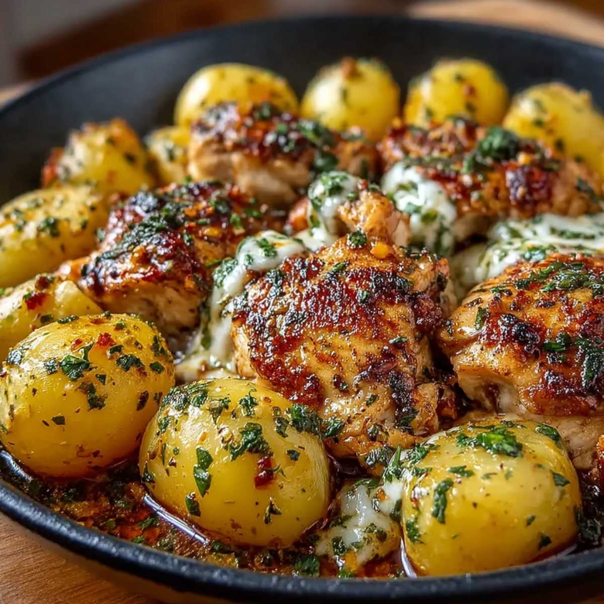 Creamy Garlic Parmesan Chicken and Potatoes in a cast iron skillet, showcasing its bubbly melted mozzarella and golden, crispy baby potatoes.