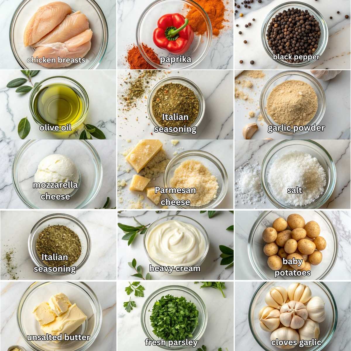 Easy Garlic Parmesan Chicken and Potatoes 10 Fresh ingredients for Garlic Parmesan Chicken and Potatoes flat-lay, including chicken breasts, baby potatoes, heavy cream, and Parmesan cheese.