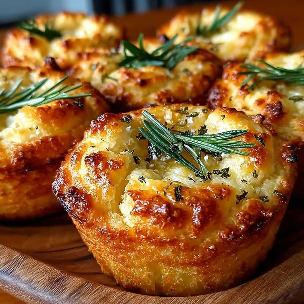 Easy Garlic Rosemary Focaccia Muffins 10 Close-up of Garlic Rosemary Focaccia Muffins showing a crisp golden crust and chewy texture, garnished with fresh rosemary on a wooden tray