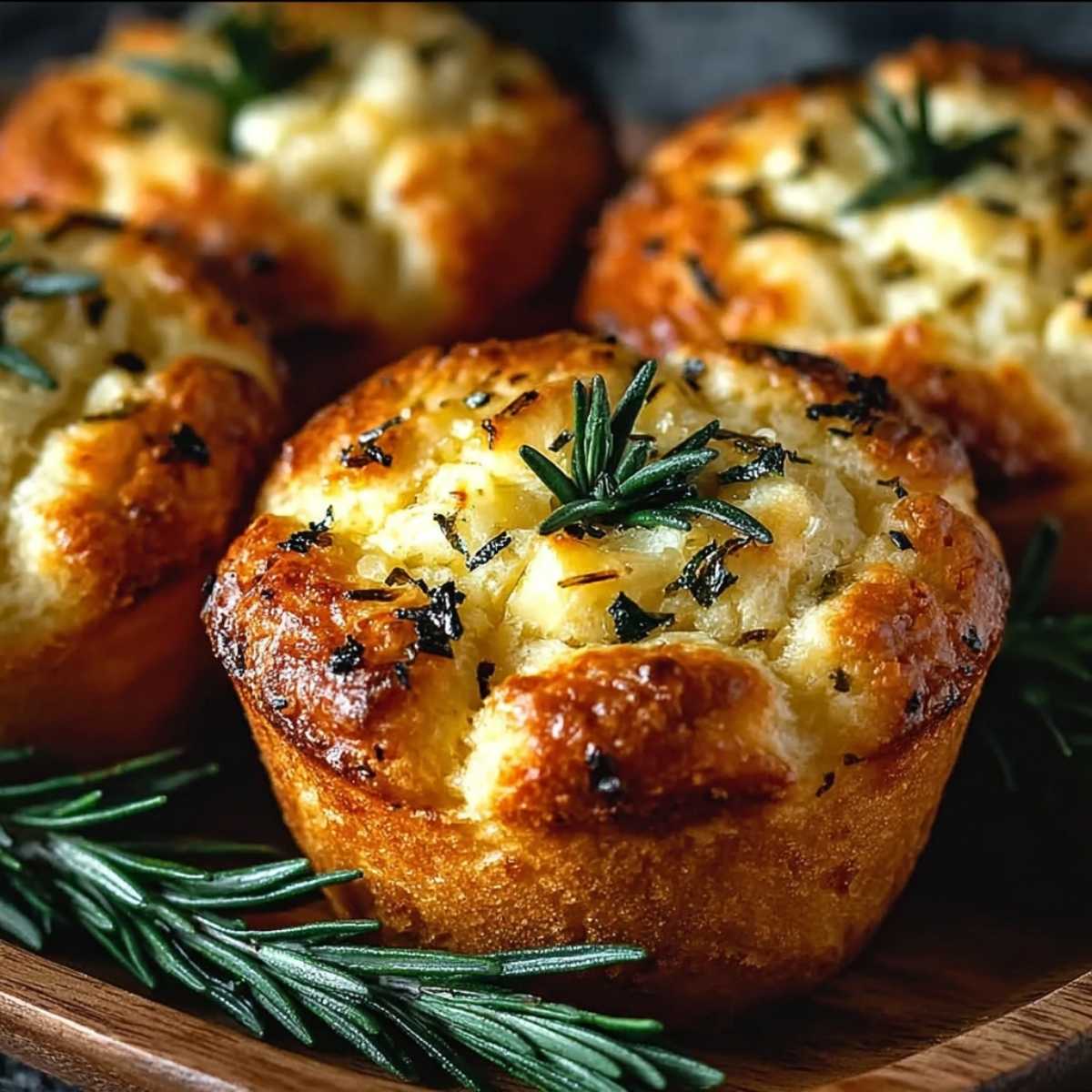 Easy Garlic Rosemary Focaccia Muffins 9 Garlic Rosemary Focaccia Muffins on a modern wooden tray, showcasing their crisp golden crust and fresh rosemary garnish
