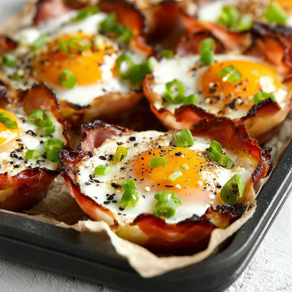 Close-up view of baked Ham and Cheese Egg Cups featuring crispy browned ham edges, golden egg centers, and fresh green onion garnish